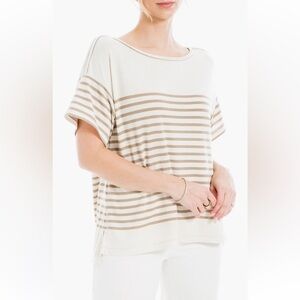 MAX STUDIO Beige and tan Striped Short Sleeve Top size L